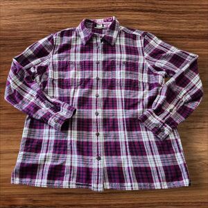 Duluth Trading Purple and White Plaid Women's Free Swingin' Flannel Shirt. Sz. L